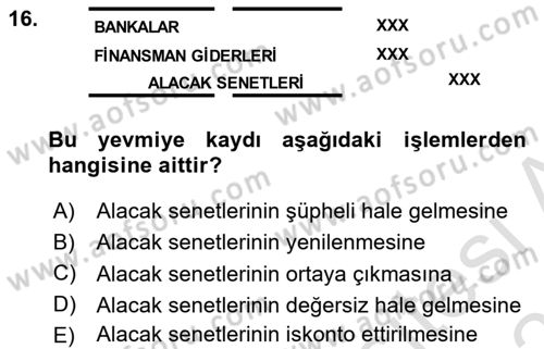 Finansal Muhasebe Dersi 2023 - 2024 Yılı (Vize) Ara Sınavı 16. Soru