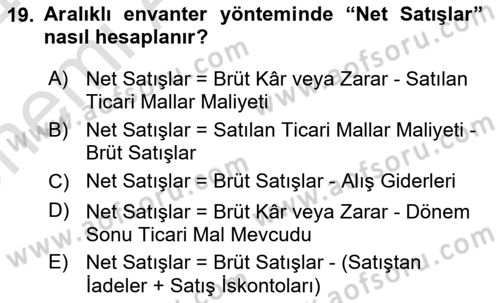 Finansal Muhasebe Dersi 2023 - 2024 Yılı (Vize) Ara Sınavı 19. Soru