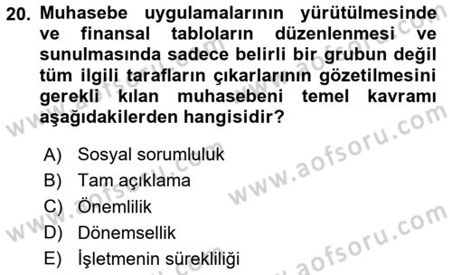 Finansal Muhasebe Dersi 2023 - 2024 Yılı (Vize) Ara Sınav Soruları 20. Soru