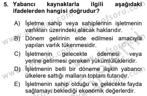 Finansal Muhasebe Dersi 2023 - 2024 Yılı (Vize) Ara Sınav Soruları 5. Soru
