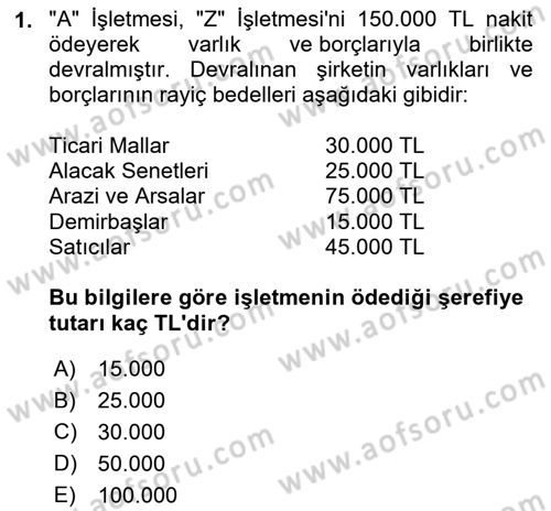 Finansal Muhasebe Dersi 2023 - 2024 Yılı (Final) Dönem Sonu Sınavı 1. Soru