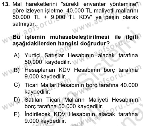 Finansal Muhasebe Dersi 2023 - 2024 Yılı (Final) Dönem Sonu Sınavı 13. Soru