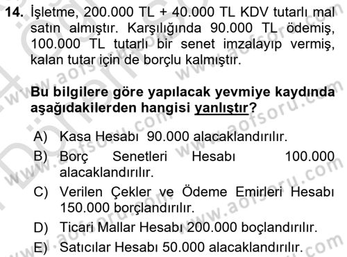 Finansal Muhasebe Dersi 2023 - 2024 Yılı (Final) Dönem Sonu Sınavı 14. Soru