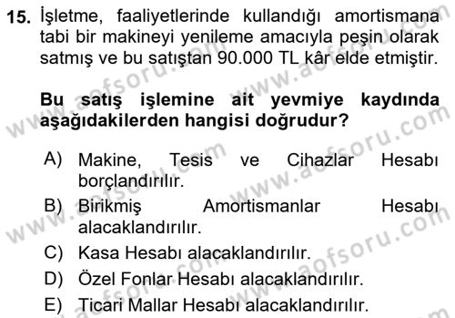 Finansal Muhasebe Dersi 2023 - 2024 Yılı (Final) Dönem Sonu Sınavı 15. Soru