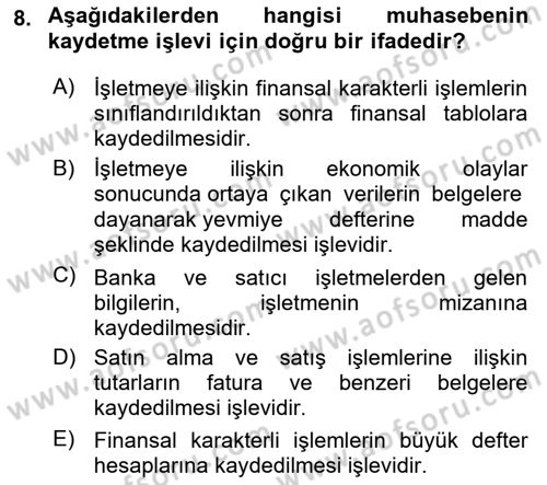 Finansal Muhasebe Dersi 2023 - 2024 Yılı (Final) Dönem Sonu Sınavı 8. Soru