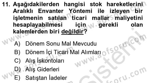 Finansal Muhasebe Dersi 2023 - 2024 Yılı Yaz Okulu Sınav Soruları 11. Soru