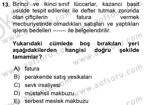 Finansal Muhasebe Dersi 2023 - 2024 Yılı Yaz Okulu Sınav Soruları 13. Soru