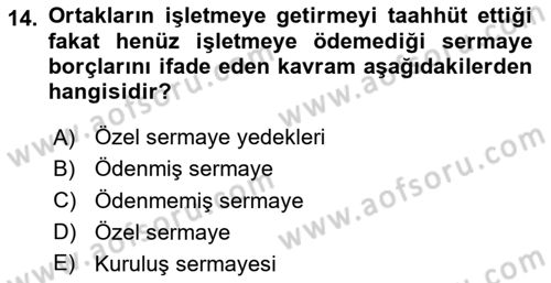 Finansal Muhasebe Dersi 2023 - 2024 Yılı Yaz Okulu Sınav Soruları 14. Soru
