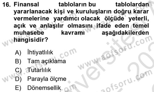 Finansal Muhasebe Dersi 2023 - 2024 Yılı Yaz Okulu Sınav Soruları 16. Soru