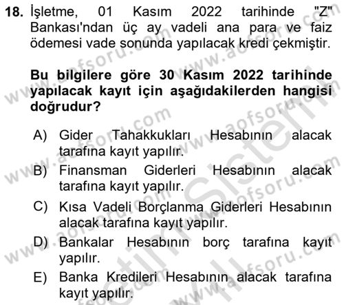 Finansal Muhasebe Dersi 2023 - 2024 Yılı Yaz Okulu Sınav Soruları 18. Soru