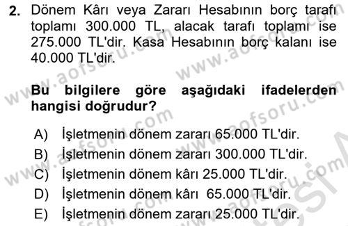 Finansal Muhasebe Dersi 2023 - 2024 Yılı Yaz Okulu Sınav Soruları 2. Soru