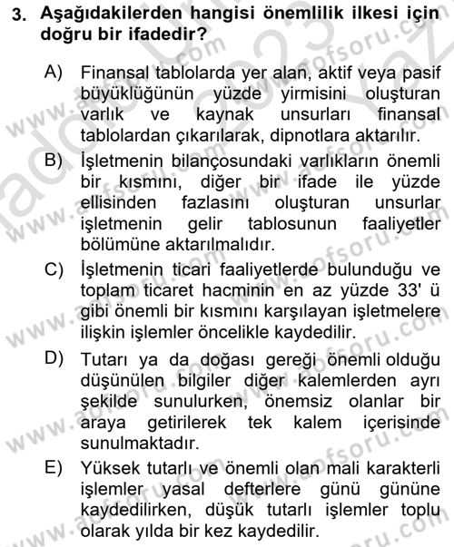 Finansal Muhasebe Dersi 2023 - 2024 Yılı Yaz Okulu Sınav Soruları 3. Soru