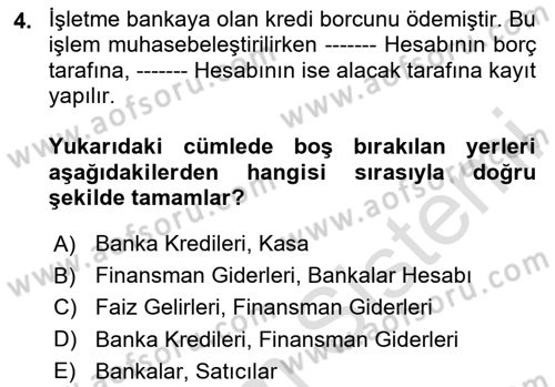 Finansal Muhasebe Dersi 2023 - 2024 Yılı Yaz Okulu Sınav Soruları 4. Soru