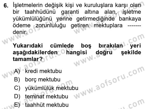 Finansal Muhasebe Dersi 2023 - 2024 Yılı Yaz Okulu Sınav Soruları 6. Soru