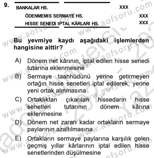 Finansal Muhasebe Dersi 2023 - 2024 Yılı Yaz Okulu Sınav Soruları 9. Soru