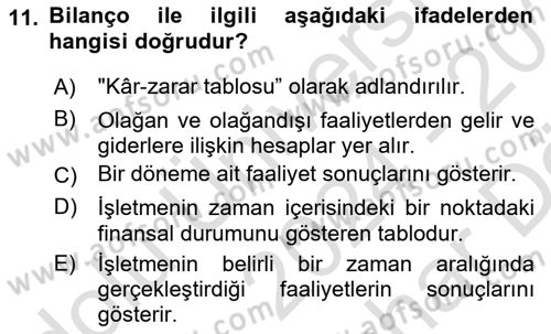 Finansal Muhasebe Dersi 2024 - 2025 Yılı (Vize) Ara Sınav Soruları 11. Soru