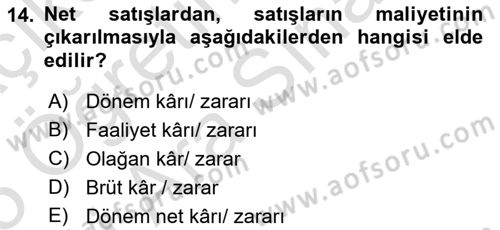 Finansal Muhasebe Dersi 2024 - 2025 Yılı (Vize) Ara Sınav Soruları 14. Soru