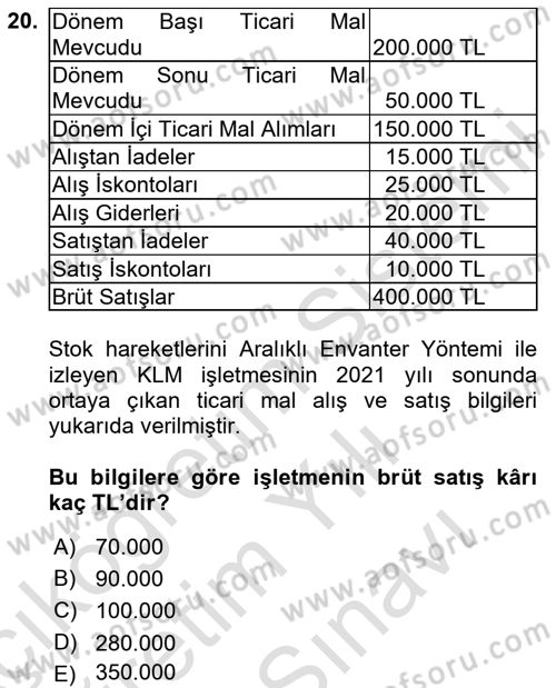 Finansal Muhasebe Dersi 2024 - 2025 Yılı (Vize) Ara Sınav Soruları 20. Soru