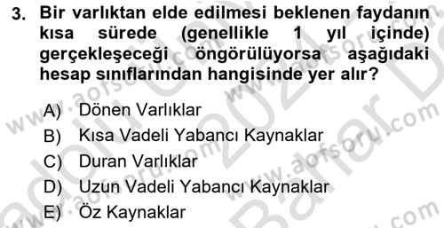 Finansal Muhasebe Dersi 2024 - 2025 Yılı (Vize) Ara Sınav Soruları 3. Soru
