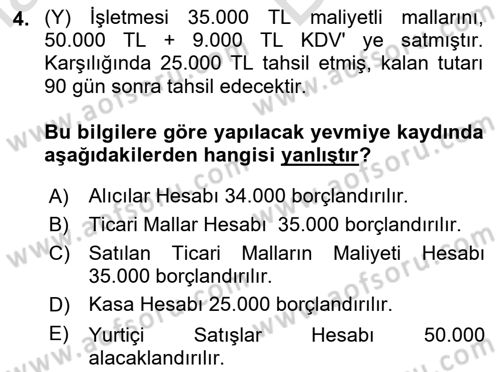 Finansal Muhasebe Dersi 2024 - 2025 Yılı (Vize) Ara Sınav Soruları 4. Soru