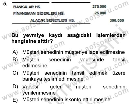 Finansal Muhasebe Dersi 2024 - 2025 Yılı (Vize) Ara Sınav Soruları 5. Soru