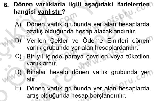 Finansal Muhasebe Dersi 2024 - 2025 Yılı (Vize) Ara Sınav Soruları 6. Soru