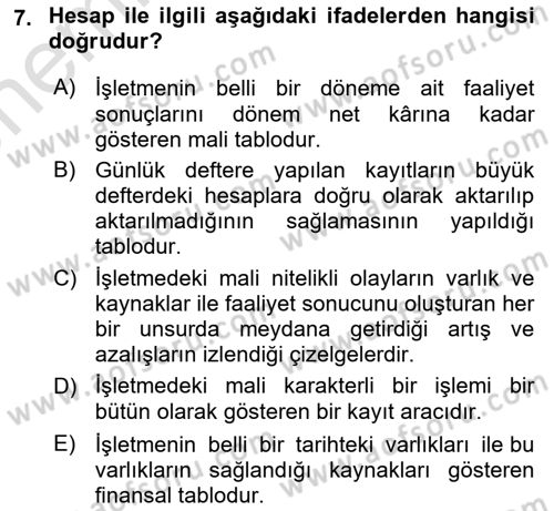 Finansal Muhasebe Dersi 2024 - 2025 Yılı (Vize) Ara Sınav Soruları 7. Soru