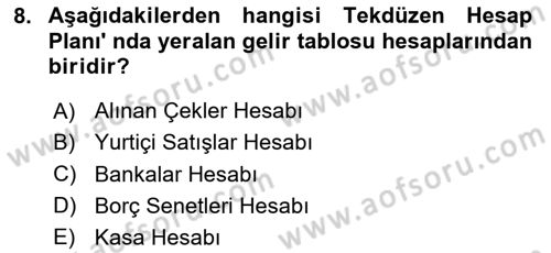 Finansal Muhasebe Dersi 2024 - 2025 Yılı (Vize) Ara Sınav Soruları 8. Soru