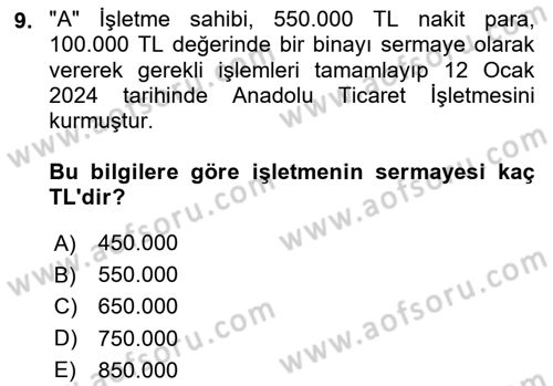 Finansal Muhasebe Dersi 2024 - 2025 Yılı (Vize) Ara Sınav Soruları 9. Soru