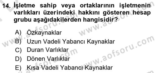 Finansal Muhasebe Dersi 2024 - 2025 Yılı (Final) Dönem Sonu Sınav Soruları 14. Soru