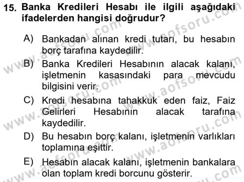 Finansal Muhasebe Dersi 2024 - 2025 Yılı (Final) Dönem Sonu Sınav Soruları 15. Soru