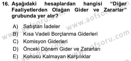 Finansal Muhasebe Dersi 2024 - 2025 Yılı (Final) Dönem Sonu Sınav Soruları 16. Soru