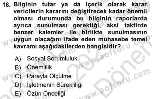 Finansal Muhasebe Dersi 2024 - 2025 Yılı (Final) Dönem Sonu Sınav Soruları 18. Soru