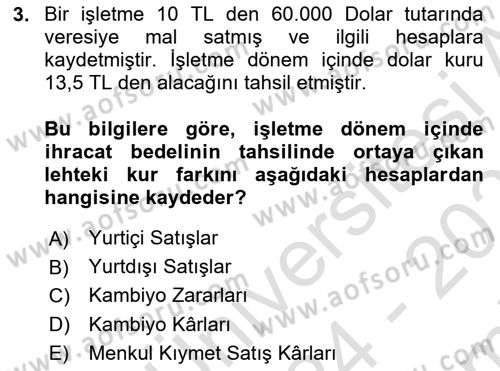 Finansal Muhasebe Dersi 2024 - 2025 Yılı (Final) Dönem Sonu Sınav Soruları 3. Soru
