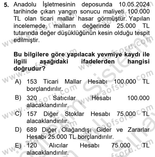 Finansal Muhasebe Dersi 2024 - 2025 Yılı (Final) Dönem Sonu Sınav Soruları 5. Soru