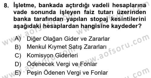 Finansal Muhasebe Dersi 2024 - 2025 Yılı (Final) Dönem Sonu Sınav Soruları 8. Soru