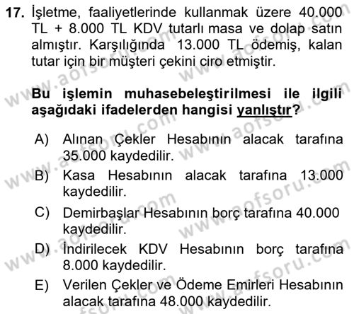 Finansal Muhasebe Dersi 2024 - 2025 Yılı Yaz Okulu Sınav Soruları 17. Soru