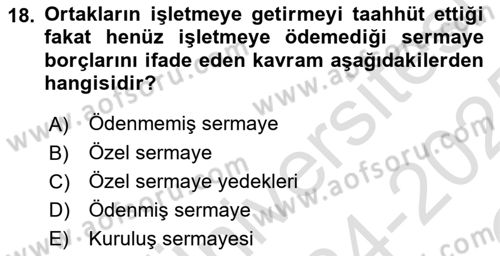 Finansal Muhasebe Dersi 2024 - 2025 Yılı Yaz Okulu Sınav Soruları 18. Soru