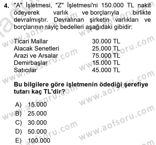 Finansal Muhasebe Dersi 2024 - 2025 Yılı Yaz Okulu Sınav Soruları 4. Soru