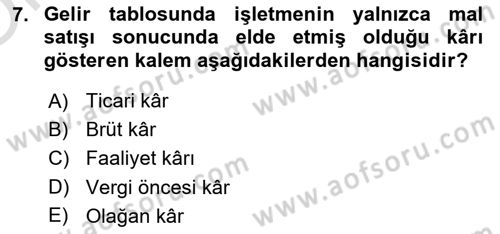 Finansal Muhasebe Dersi 2024 - 2025 Yılı Yaz Okulu Sınav Soruları 7. Soru