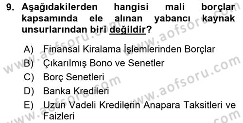 Finansal Muhasebe Dersi 2024 - 2025 Yılı Yaz Okulu Sınav Soruları 9. Soru