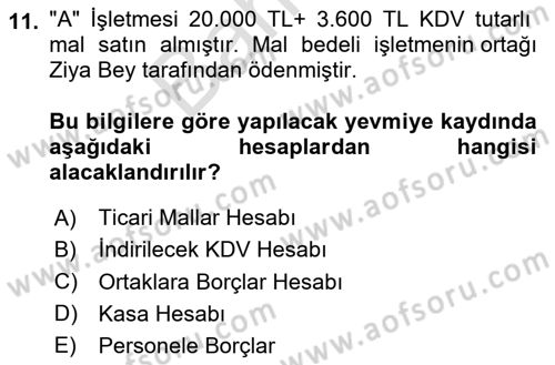 Finansal Muhasebe Dersi 2025 - 2026 Yılı (Final) Dönem Sonu Sınav Soruları 11. Soru