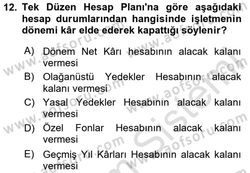 Finansal Muhasebe Dersi 2025 - 2026 Yılı (Final) Dönem Sonu Sınav Soruları 12. Soru