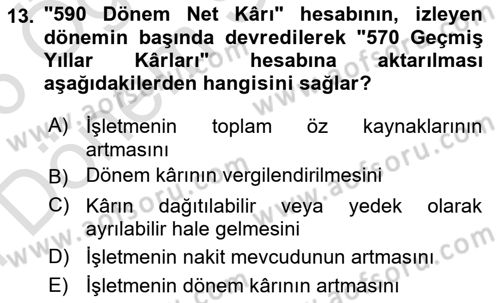Finansal Muhasebe Dersi 2025 - 2026 Yılı (Final) Dönem Sonu Sınav Soruları 13. Soru