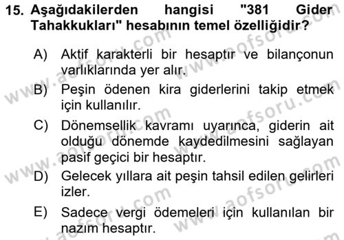 Finansal Muhasebe Dersi 2025 - 2026 Yılı (Final) Dönem Sonu Sınav Soruları 15. Soru