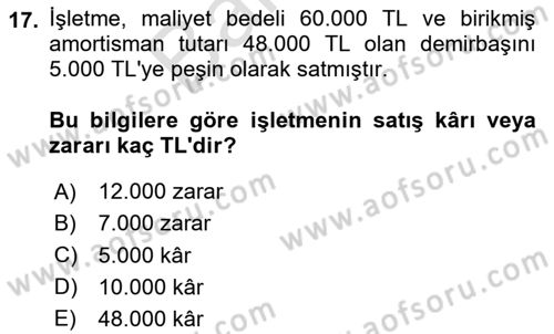 Finansal Muhasebe Dersi 2025 - 2026 Yılı (Final) Dönem Sonu Sınav Soruları 17. Soru