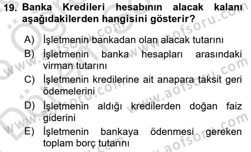 Finansal Muhasebe Dersi 2025 - 2026 Yılı (Final) Dönem Sonu Sınav Soruları 19. Soru