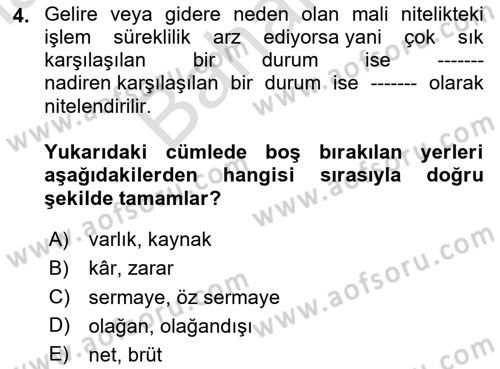 Finansal Muhasebe Dersi 2025 - 2026 Yılı (Final) Dönem Sonu Sınav Soruları 4. Soru