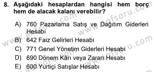 Finansal Muhasebe Dersi 2025 - 2026 Yılı (Final) Dönem Sonu Sınav Soruları 8. Soru