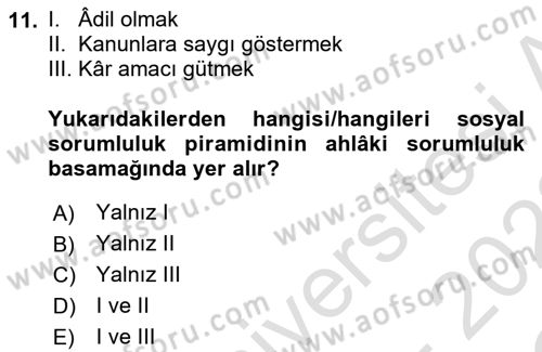 İşletmelerde Sosyal Sorumluluk Ve Etik Dersi 2021 - 2022 Yılı Yaz Okulu Sınav Soruları 11. Soru